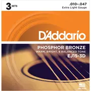 D'Addario Phosphor Bronze Wunde Akustikgitarre Saiten, 3er-Pack, Extra Light (EJ15-3D)
