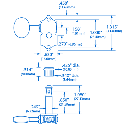 „Waverly High Ratio“-Stimmmechaniken für Gitarre mit ovalen Vintage-Flügeln für massive Kopfplatten