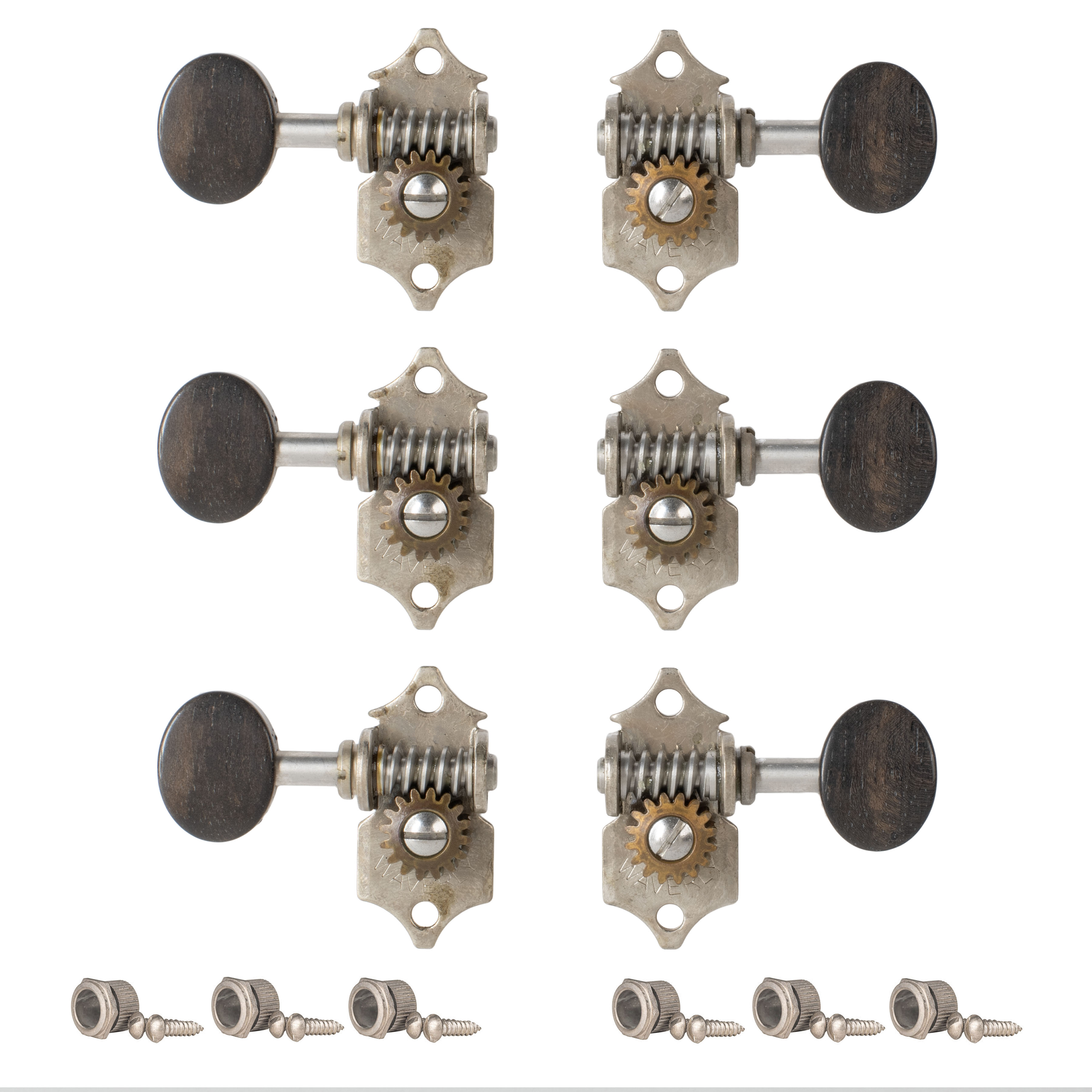 Waverly Guitar Tuners with Ebony Knobs for Solid Pegheads, Relic Nickel, 3L/3R