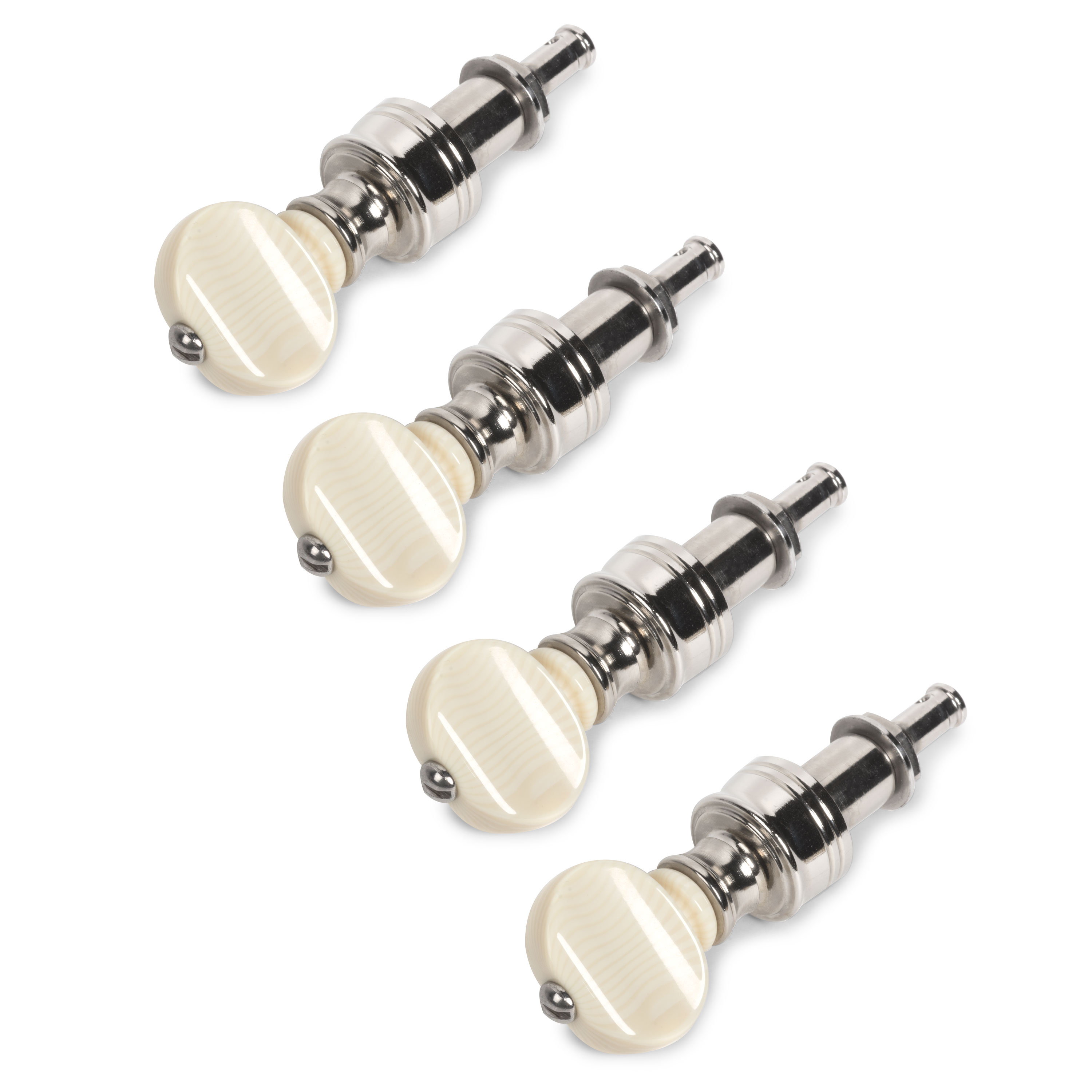 Rickard Cyclone High Ratio Tuning Pegs für Banjo mit Ivoroid-Knöpfen, 4er-Set, Nickel
