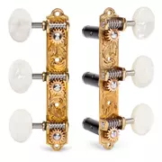 Klassische Sloane Gitarren-Tuner mit Perlenknöpfen und Blatt-Basisplatten, hellem Messing, schwarzen Rollen