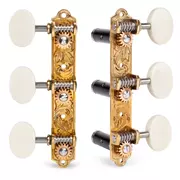 Klassische Sloane Gitarren-Tuner mit Ivoroid-Knöpfen und Blatt-Basisplatten, hellem Messing, schwarzen Rollen