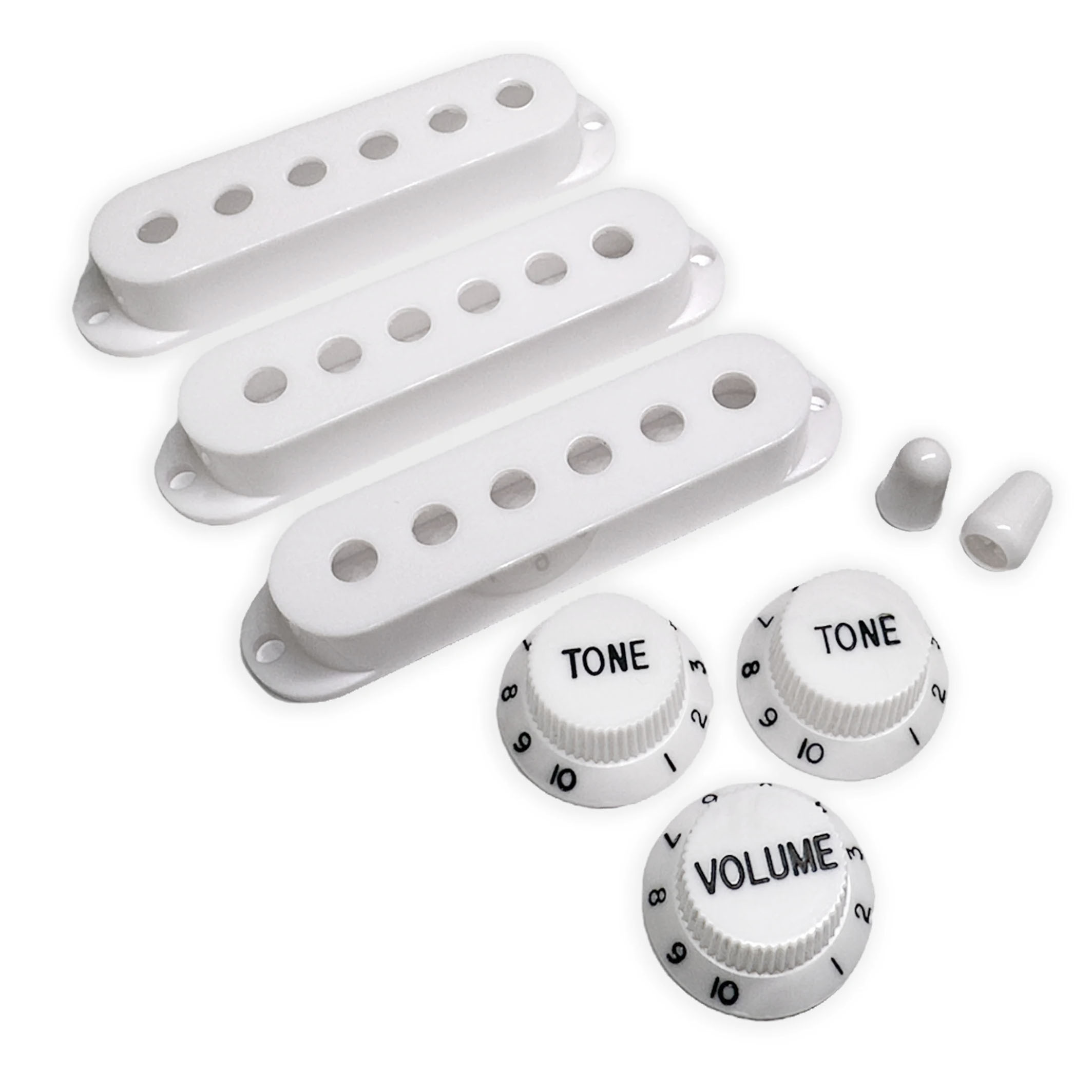  StewMac Knobs + Pickup Cover Set with Modern Spacing, White with Black Type