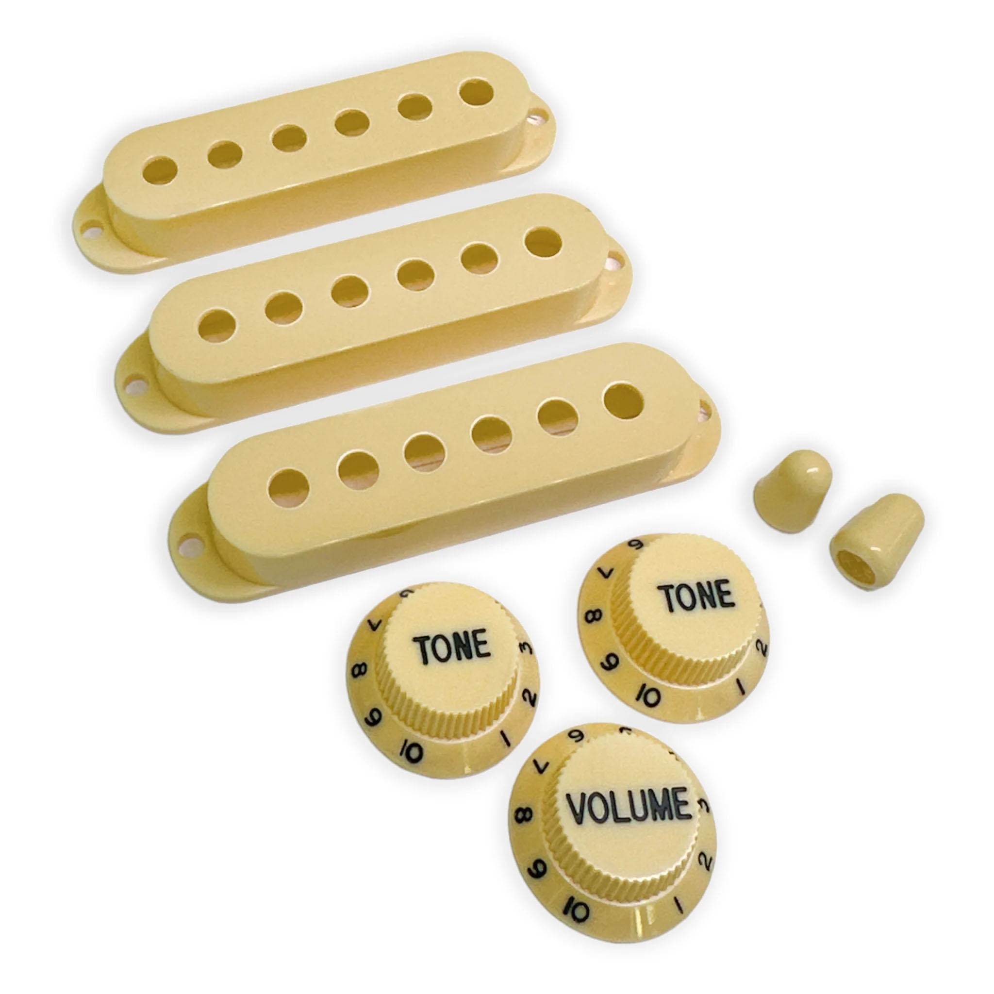  StewMac Knobs + Pickup Cover Set with Modern Spacing, Aged White/Cream with Black Type