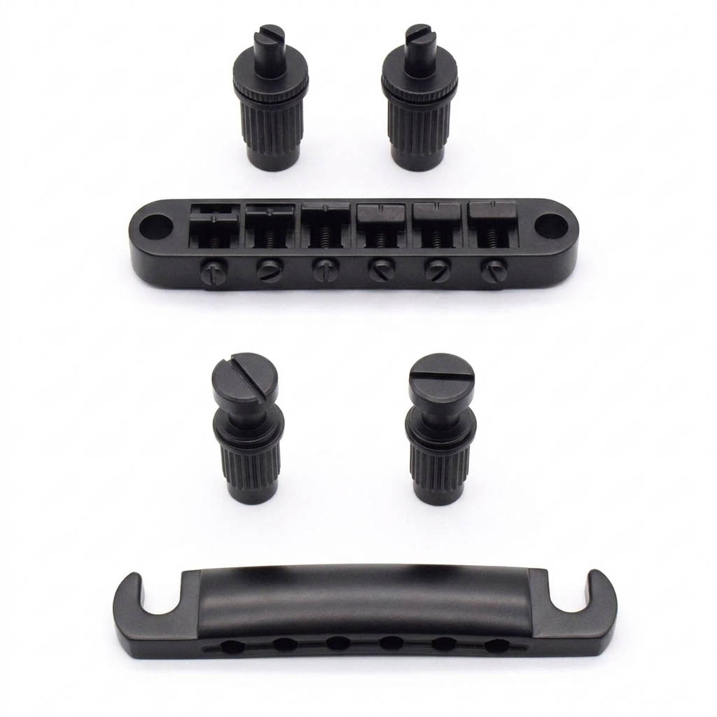 StewMac Tune-o-matic Steg und Tailpiece, Satin Schwarz