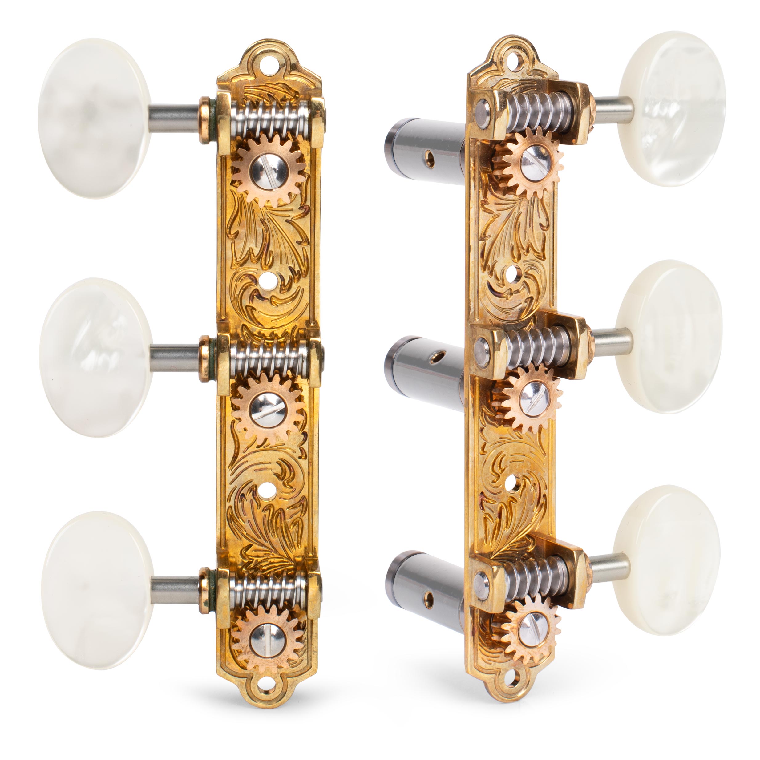 LIMITED EDITION Klassische Sloane-Tuner vom Prototyp mit Aluminiumrollen, Blatt-Grundplatte, Perlenknöpfen