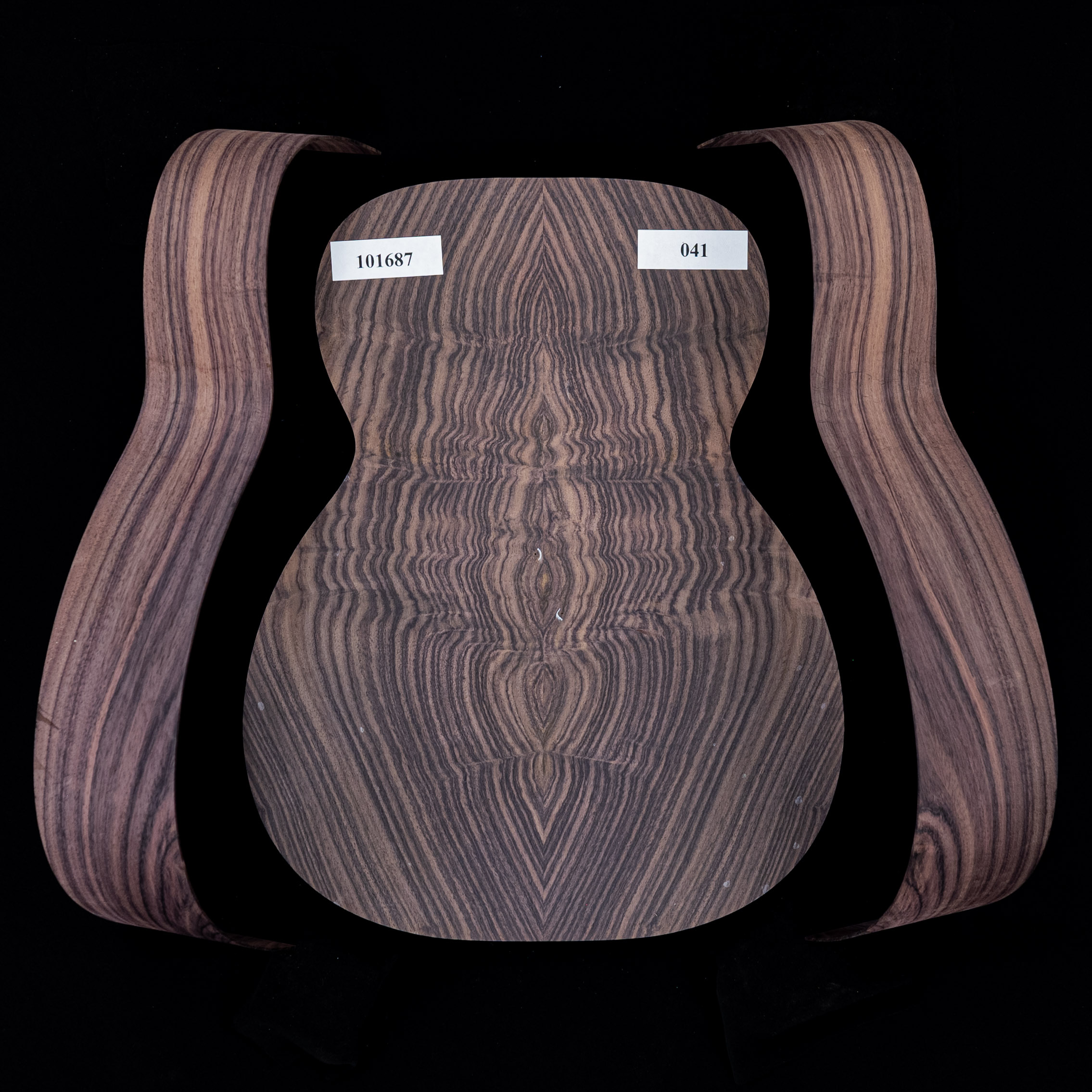 Set mit fertigem Boden + gebogenen Zargen aus Ostindischem Palisander, Wild Grain für OM-Gitarre – 041 Set mit fertigem Boden + gebogenen Zargen aus Ostindischem Palisander, Wild Grain für OM-Gitarre – 041