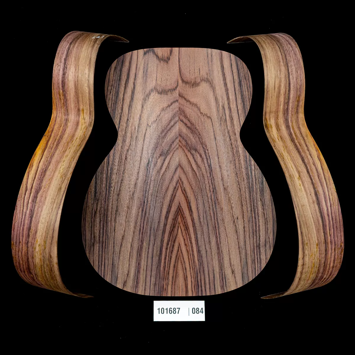 Set mit fertigem Boden + gebogenen Zargen aus Ostindischem Palisander, Wild Grain für OM-Gitarre – 084 Set mit fertigem Boden + gebogenen Zargen aus Ostindischem Palisander, Wild Grain für OM-Gitarre – 084