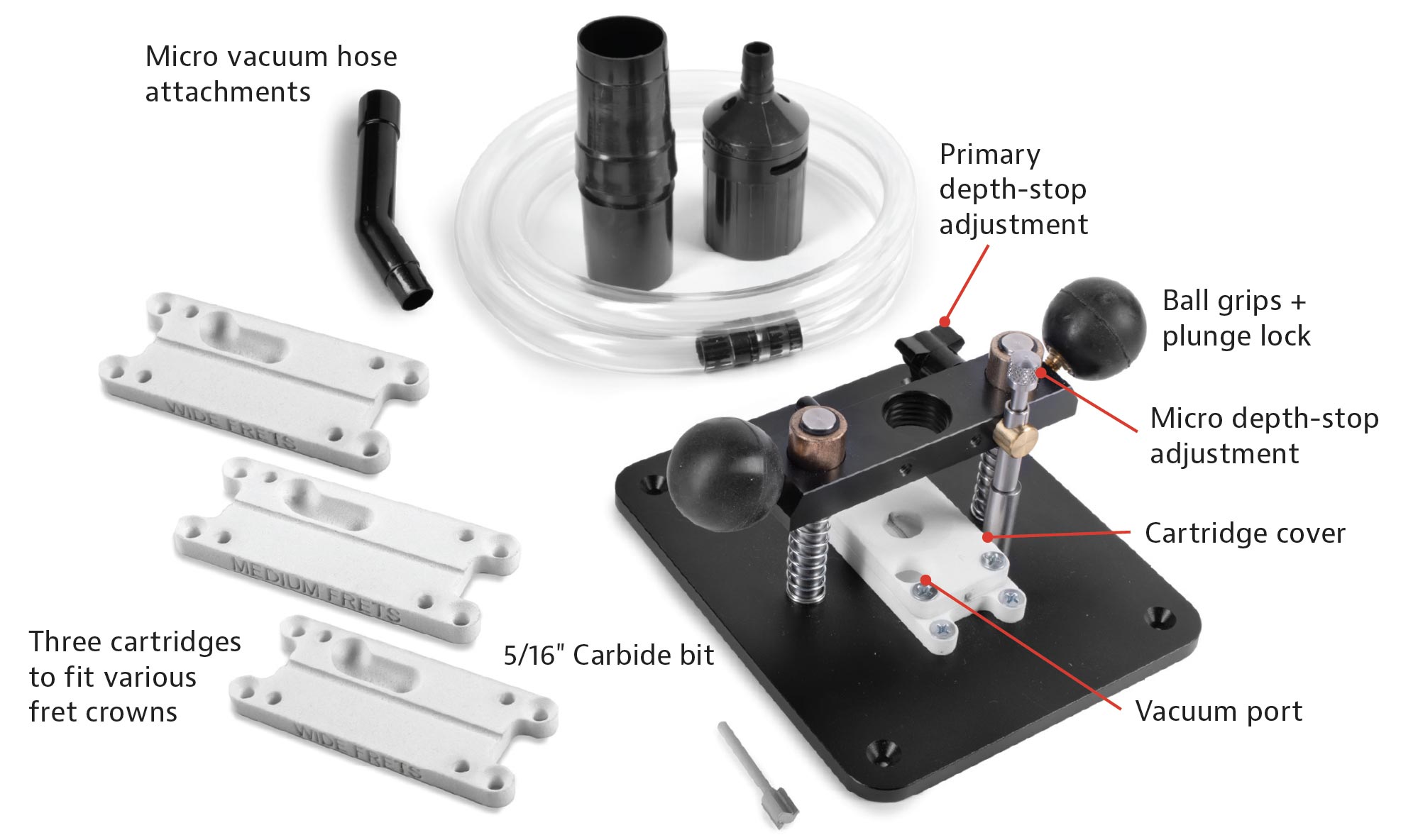 Fret Tang Reducer-Tools mit erläuternden Hinweisen.