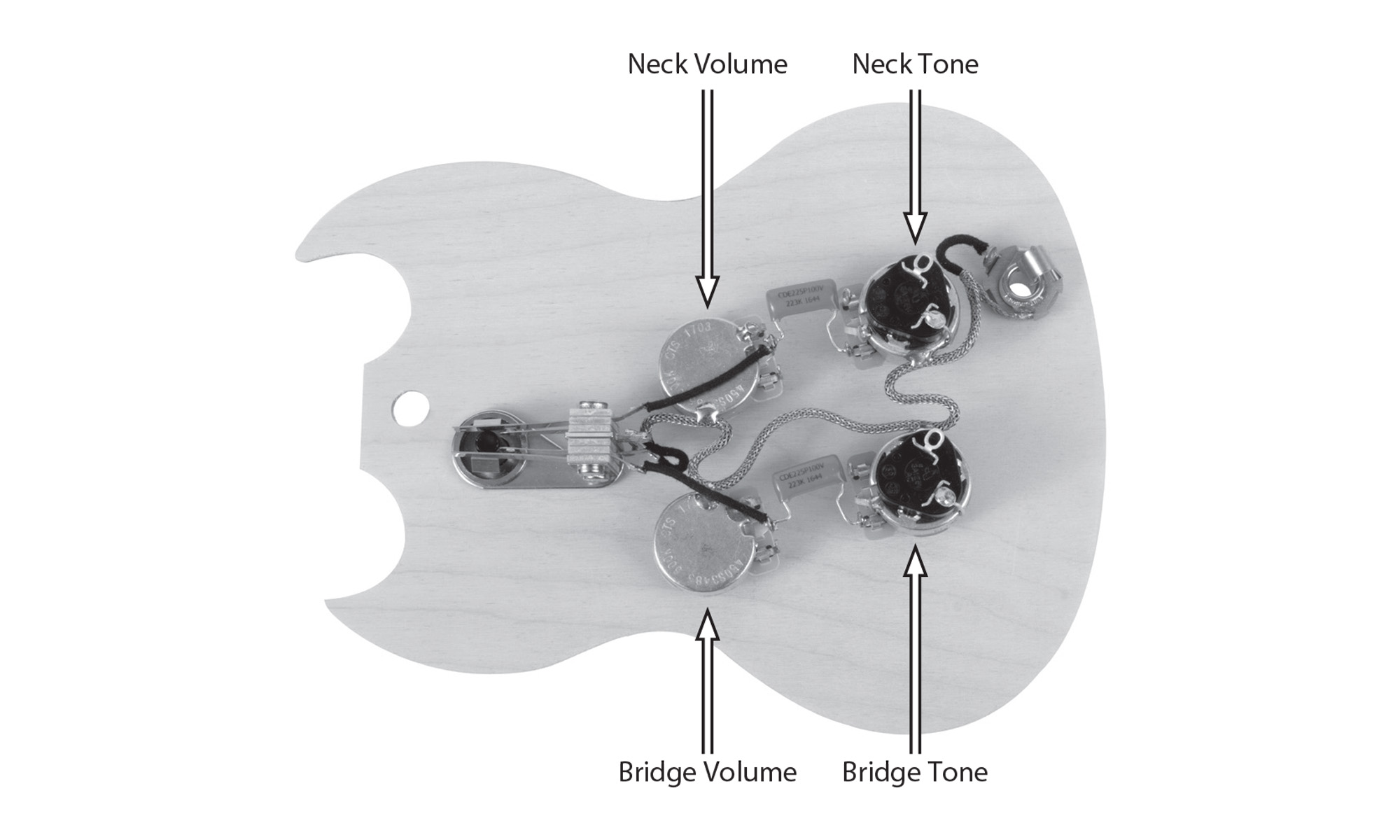 Vorverdrahteter Auffanggurt für Gibson® SG® im Golden Age mit Push-Pull-Töpfen Vorverdrahteter Auffanggurt für Gibson® SG® im Golden Age mit Push-Pull-Töpfen