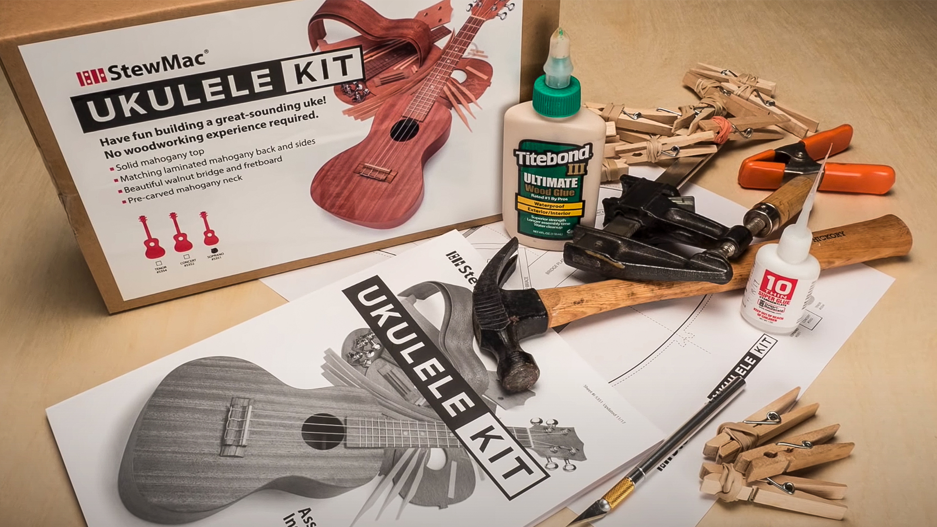 StewMac Ukulele Kit ohne Werkzeug auf Werkbank